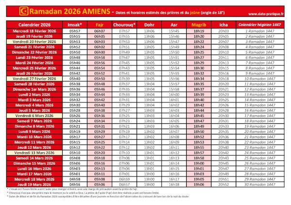 Calendrier 2026 pour le mois de ramadan avec les dates de début et de fin ainsi que celles des prières, thème rouge.