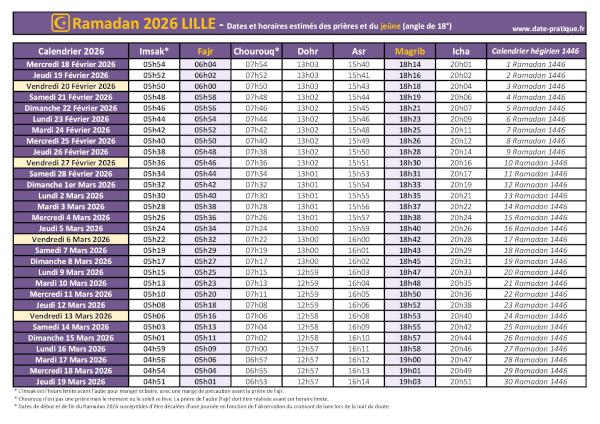Calendrier 2026 pour le mois de ramadan avec les dates de début et de fin ainsi que celles des prières, thème violet.