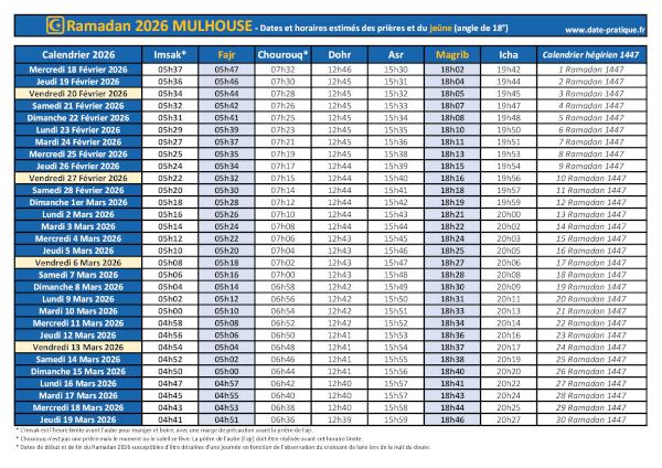 Ramadan 2026 : dates, calendrier et heures des prières pour la ville de Mulhouse
