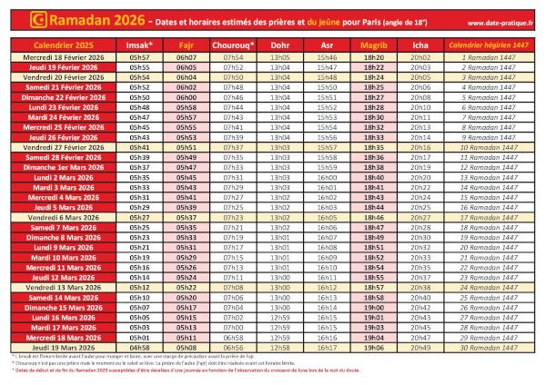 Calendrier 2026 pour le mois de ramadan avec les dates de début et de fin ainsi que celles des prières, thème rouge.