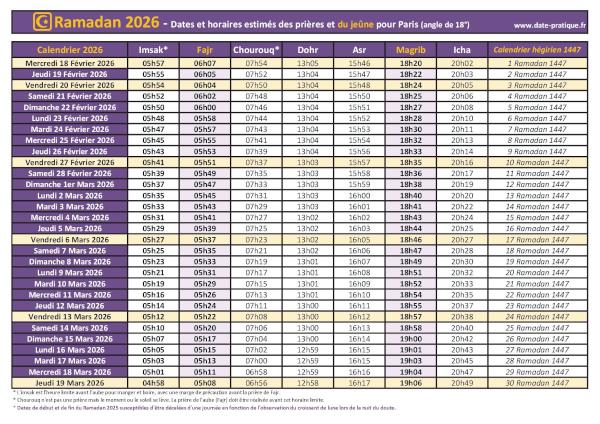 Calendrier 2026 pour le mois de ramadan avec les dates de début et de fin ainsi que celles des prières, thème violet.