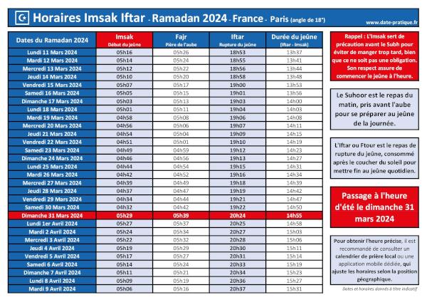Horaires Iftar et Imsak Paris - Ramadan 2024 : À quelle heure manger lors du Ramadan 2024 ?