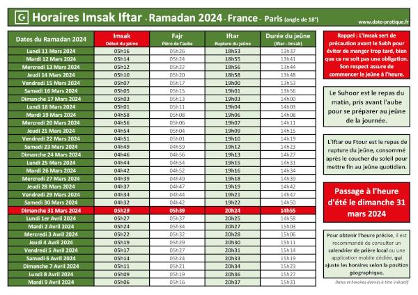 Horaires Iftar et Imsak - Ramadan 2024 : À quelle heure manger lors du Ramadan 2024 ?