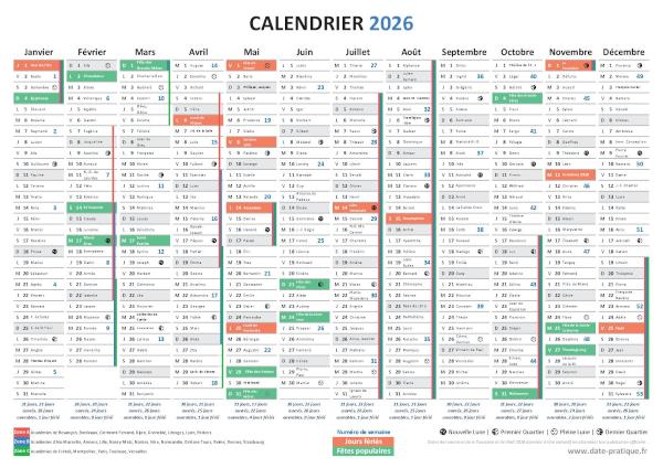 Calendrier 2026 gratuit avec fêtes, jours fériés et vacances scolaires.