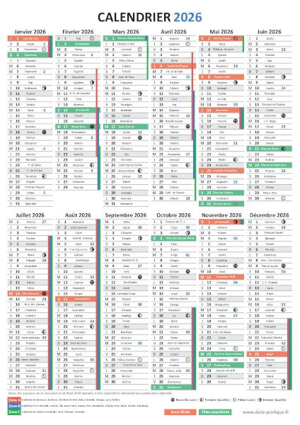 Calendrier 2026 avec saints, jours fériés, vacances scolaires à imprimer gratuitement, format A4 portrait.