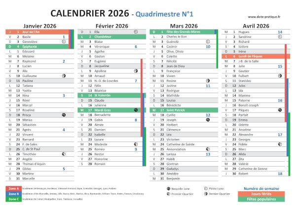 Calendrier 2026 avec saints, jours fériés, vacances scolaires à imprimer gratuitement - Quadrimestre N°1.