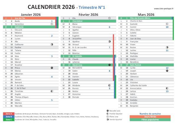 Calendrier 2026 avec saints, jours fériés, vacances scolaires à imprimer gratuitement - Trimestre N°1.