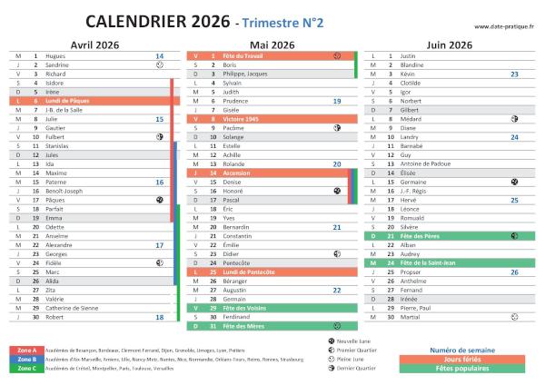 Calendrier 2026 avec saints, jours fériés, vacances scolaires à imprimer gratuitement - Trimestre N°2.