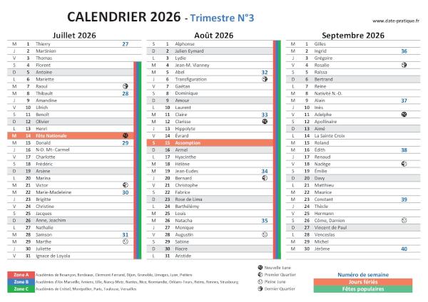 Calendrier 2026 avec saints, jours fériés, vacances scolaires à imprimer gratuitement - Trimestre N°3.