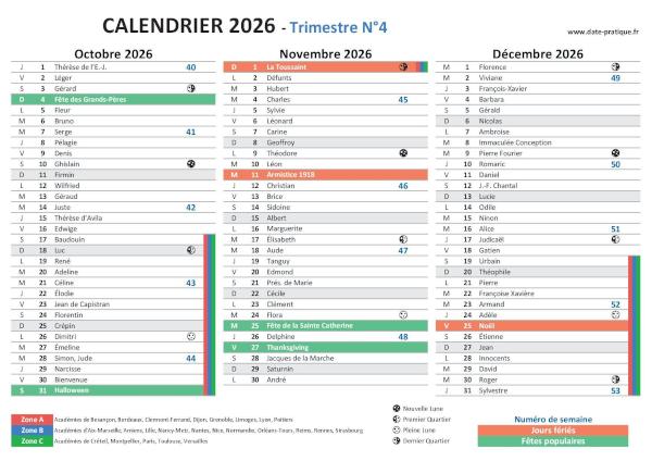 Calendrier 2026 avec saints, jours fériés, vacances scolaires à imprimer gratuitement - Trimestre N°4.