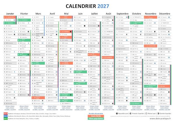 Calendrier 2027 gratuit avec saints, jours fériés et vacances scolaires.