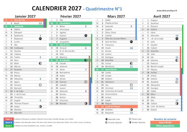 Calendrier 2027 avec saints, jours fériés, vacances scolaires à imprimer gratuitement - Quadrimestre N°1.