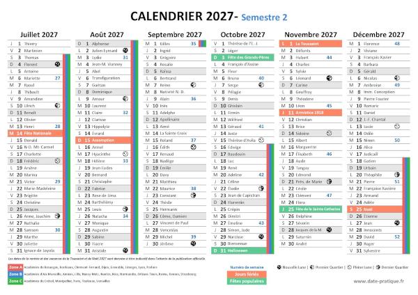 Calendrier 2027 avec saints, jours fériés, vacances scolaires à imprimer gratuitement - Semestre N°2.