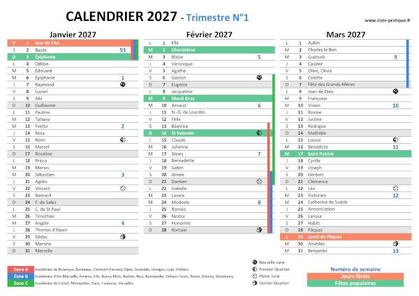 Calendrier 2027 avec saints, jours fériés, vacances scolaires à imprimer gratuitement - Trimestre N°1.
