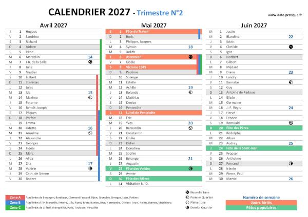 Calendrier 2027 avec saints, jours fériés, vacances scolaires à imprimer gratuitement - Trimestre N°2.