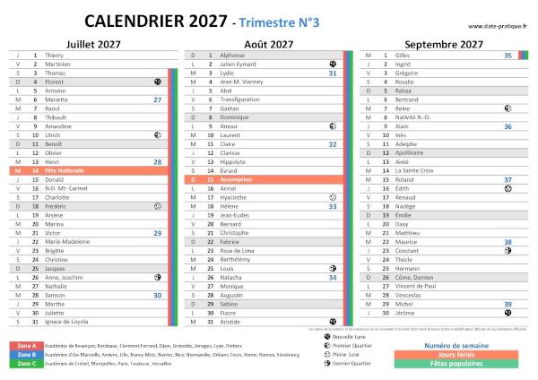 Calendrier 2027 avec saints, jours fériés, vacances scolaires à imprimer gratuitement - Trimestre N°3.