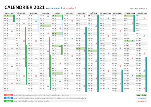 Calendrier 2021 avec semaine A et semaine B.