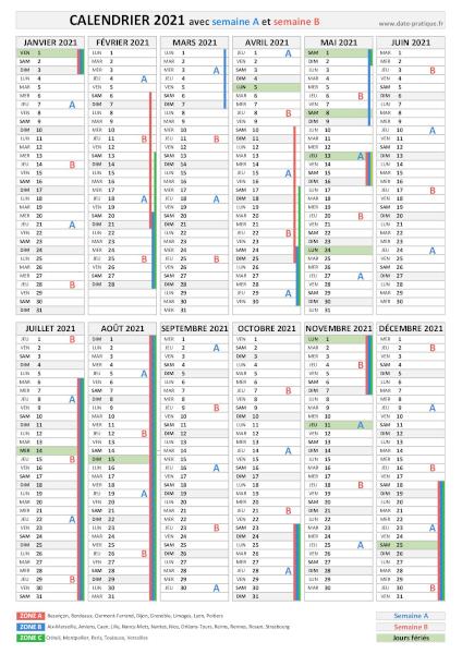 Calendrier 2021 avec semaine A et semaine B.
