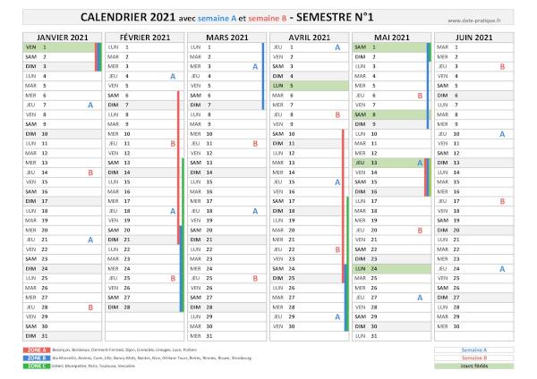 Calendrier 2021 avec semaine A et B - Semestre N°1.