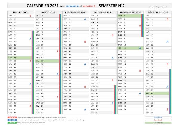 Calendrier 2021 avec semaine A et B - Semestre N°2.