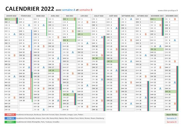 Calendrier 2022 avec semaine A et semaine B.