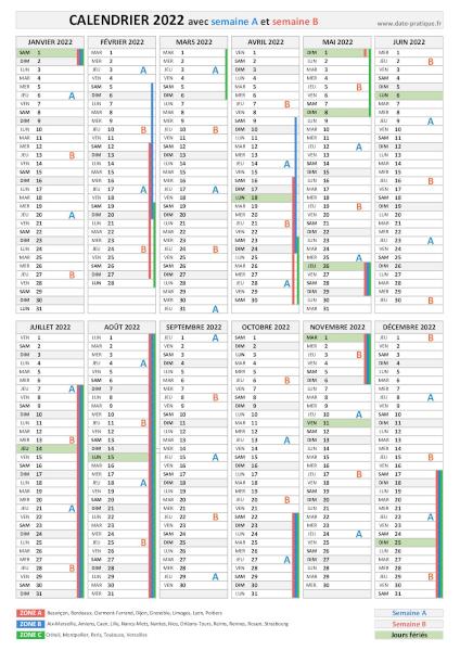 Calendrier 2022 avec semaine A et semaine B.