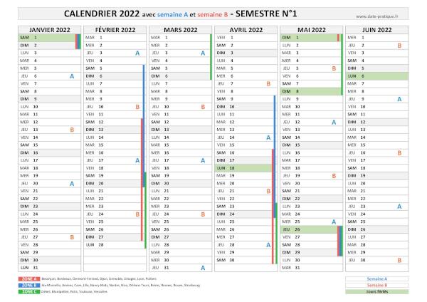 Calendrier 2022 avec semaine A et B - Semestre N°1.