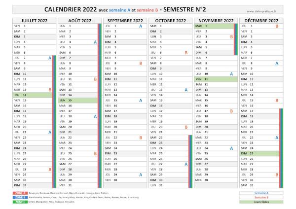 Calendrier 2022 avec semaine A et B - Semestre N°2.