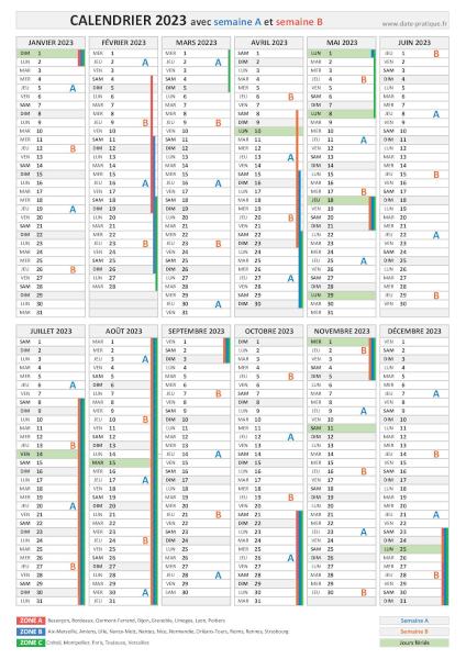 Calendrier 2023 avec semaine A et semaine B.