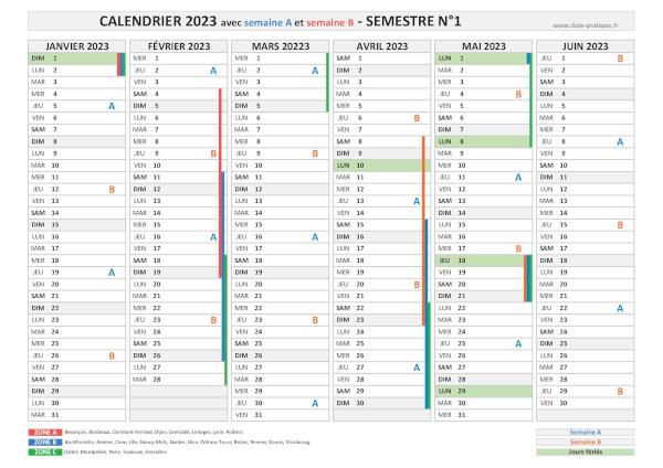 Calendrier 2023 avec semaine A et B - Semestre N°1.