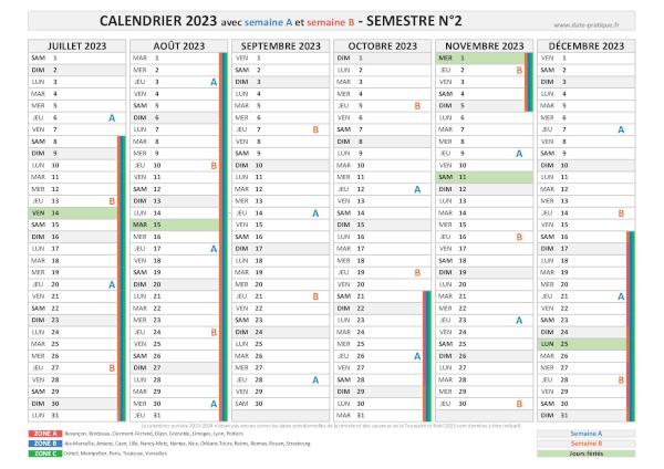 Calendrier 2023 avec semaine A et B - Semestre N°2.