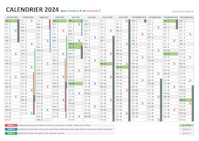 Calendrier 2024 avec semaine A et semaine B.