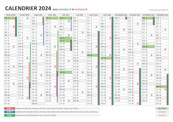 Calendrier 2024 avec semaine A et semaine B.