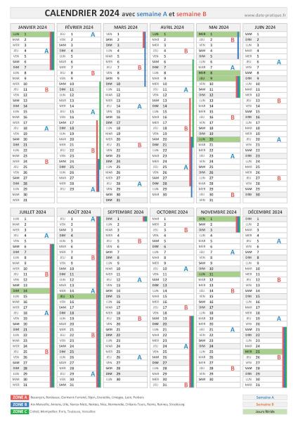 Calendrier 2024 avec semaine A et semaine B.