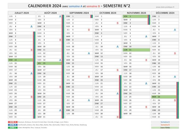 Calendrier 2024 avec semaine A et B - Semestre N°2.