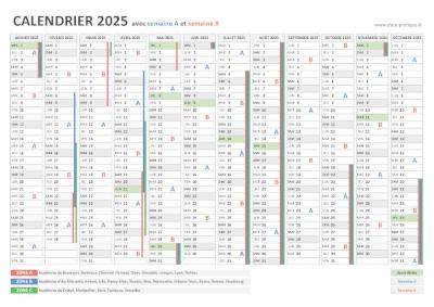 Calendrier 2025 avec semaine A et semaine B.