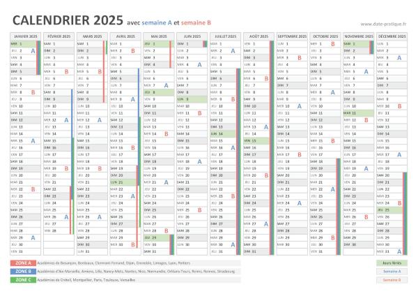 Calendrier 2025 avec semaine A et semaine B.