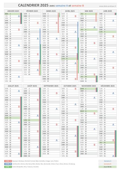 Calendrier 2025 avec semaine A et semaine B.