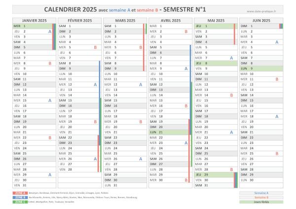Calendrier 2025 avec semaine A et B - Semestre N°1.
