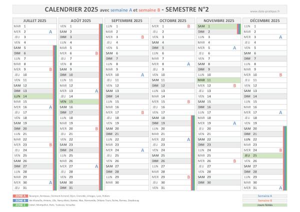 Calendrier 2025 avec semaine A et B - Semestre N°2.