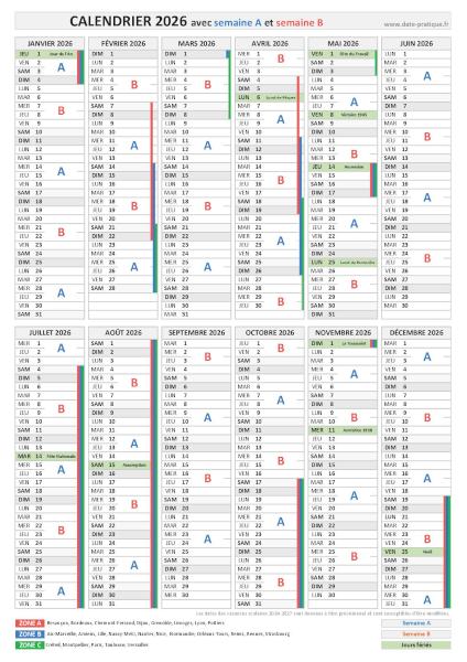 Calendrier 2026 avec semaine A et semaine B.