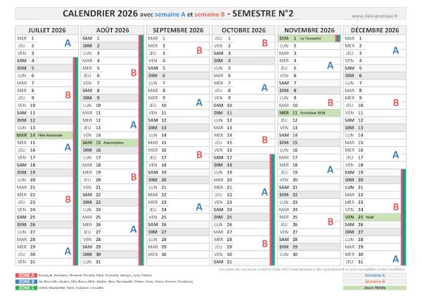Calendrier 2026 avec semaine A et B - Semestre N°2.