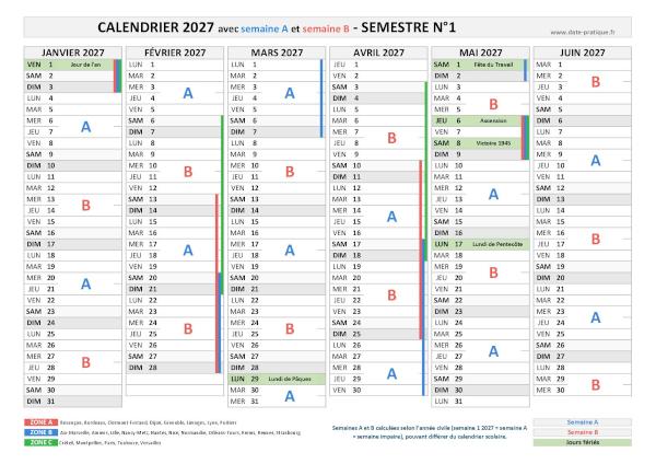 Calendrier 2027 avec semaine A et B - Semestre N°1.