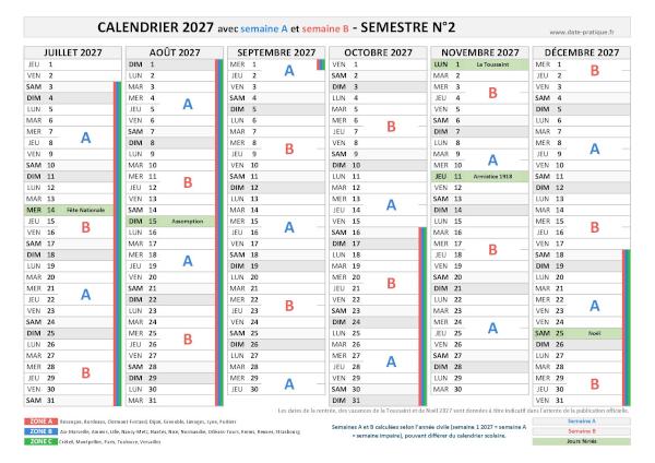 Calendrier 2027 avec semaine A et B - Semestre N°2.