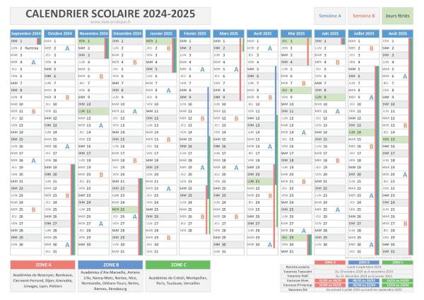 Calendrier scolaire 2024-2025 avec semaine A et semaine B.