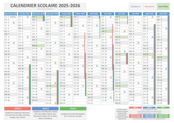 Calendrier scolaire 2025-2026 avec semaine A et semaine B.