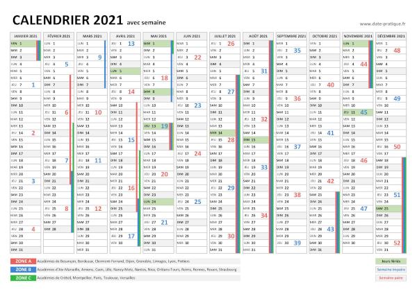 Calendrier 2021 avec les semaines paires et les semaines impaires à imprimer.
