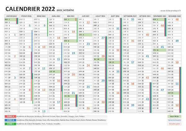 Calendrier 2022 avec les semaines paires et les semaines impaires à imprimer.