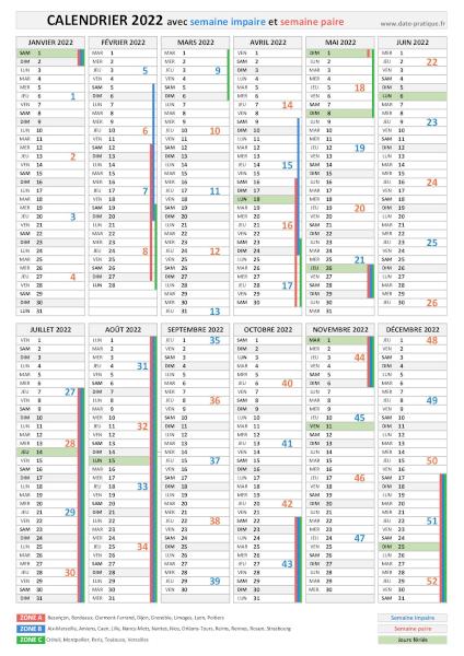 Calendrier 2022 avec semaine paire et impaire, impression au format portrait.