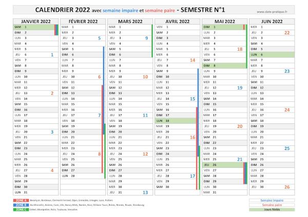 Calendrier 2022 avec les semaines paires et impaires - Semestre N°1.